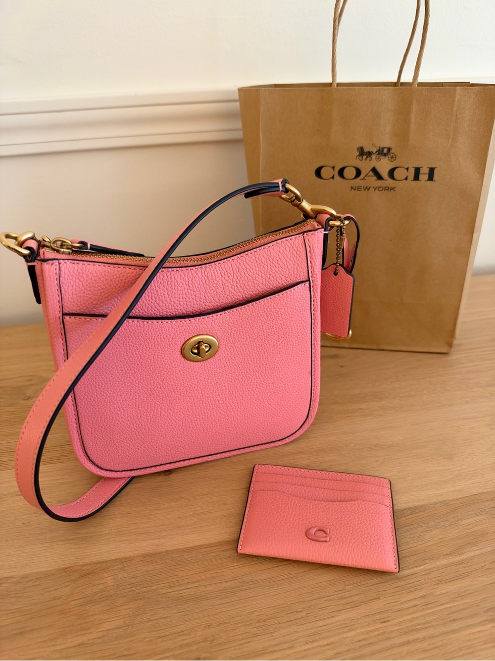 Coach Pink Pebbled Leather Chaise 19 with matching card holder